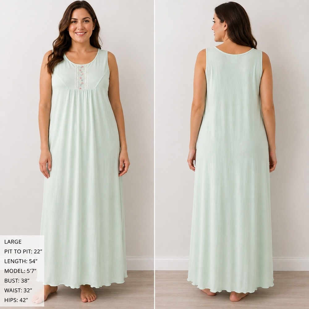 Vintage Sears Mint Green Floral Lace Trim Sleeveless Nightgown Large 60s 70s USA